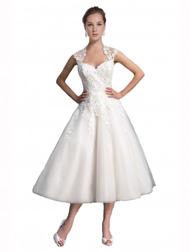 Best A-Line Short Tea Length Sweetheart Tulle Lace Beach Wedding Dress