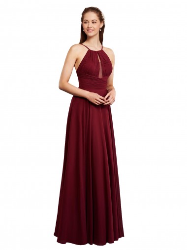 Best Long A-Line Halter Neck Chiffon Bridesmaid Dress with Draped Bodice