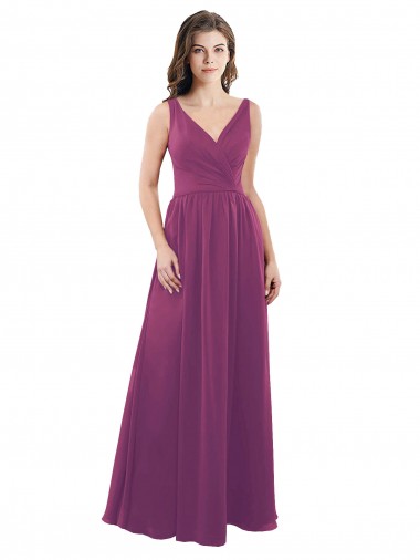 Best Long Chiffon A-Line Bridesmaid Dress with V-Neck Wrap Bodice