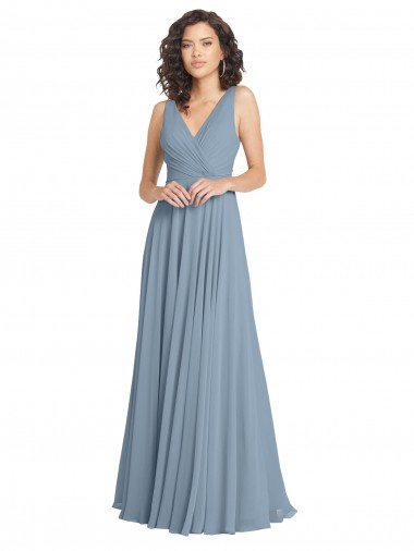 Best Faux Surplice Bodice Long Chiffon Bridesmaid Dress with V-Neckline