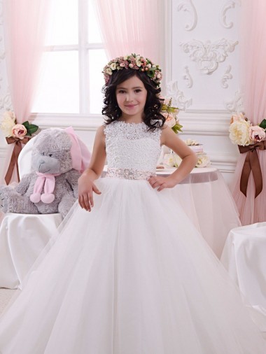 Best Ivory Ball Gown Bateau Chapel Train Sleeveless Flower Girl Dress