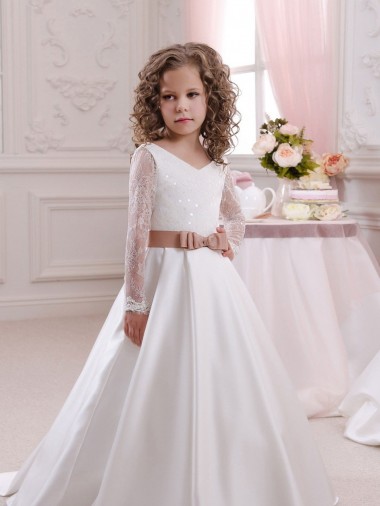 Best Ivory Ball Gown V-Neck Chapel Train Long Sleeve Flower Girl Dress
