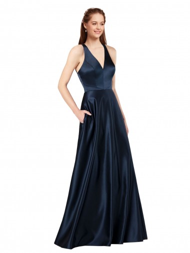 Best Long Formal Satin Bridesmaid Gown with Halter Neckline