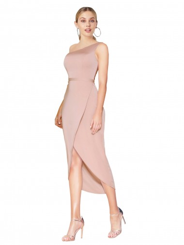 Best Knee Length One Shoulder Formal Crepe Short Wrap Bridesmaid Dress / Prom Dress