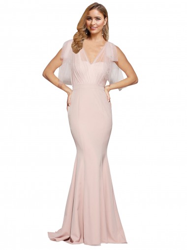 Best Double Bow Full Length Sweetheart Formal Crepe Bridesmaid Dress / Prom Dress with Tulle Overlay