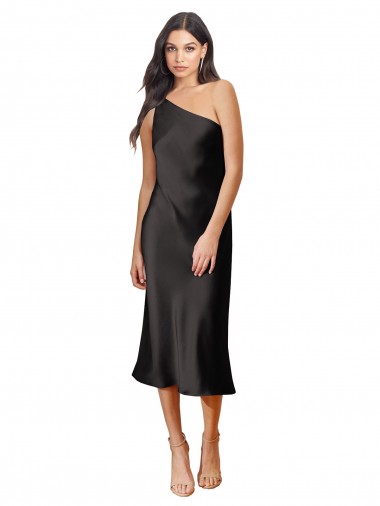 Best Sleek One Shoulder Midi Length Short Cocktail Formal Stretch Satin Slip Bridesmaid Dress / Prom Dress