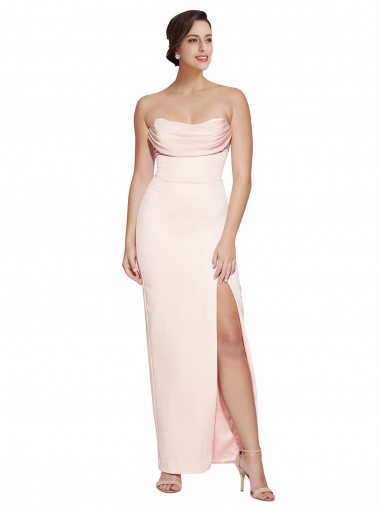 Best Cowl Neck Strapless Formal Stretch Satin Bridesmaid Dress / Prom Dress with High Split