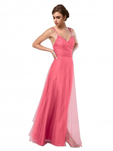 Best Flowy A-Line Tulle Bridesmaid Dress with Double Straps and V-Neck