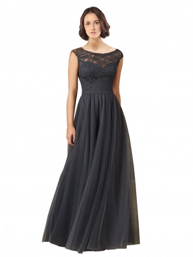 Best Long Bateau Tulle Bridesmaid Dress with Lace Bodice