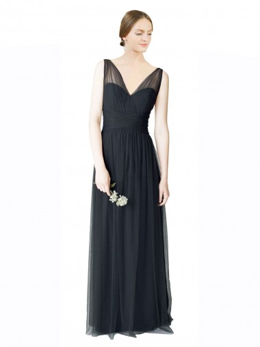 Best Long Tulle Bridesmaid Dress with Illusion Shoulder Straps and V-Back