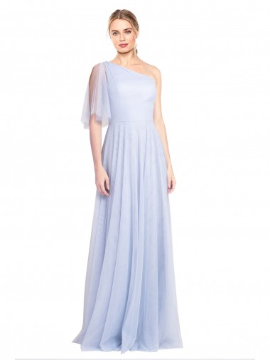 Best Flutter Sleeves One Shoulder Long Tulle Bridesmaid Dress