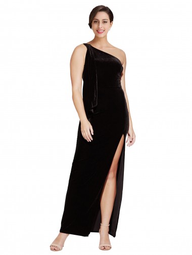 Best One Shoulder Long Formal Velvet Bridesmaid Dress / Prom Dress with Side Split and Shoulder Tie